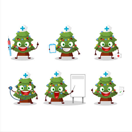 Doctor profession emoticon with green christmas tree cartoon characterのイラスト素材