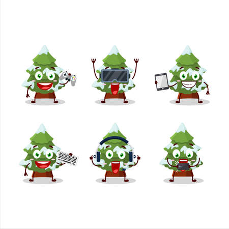 green snow christmas tree cartoon character are playing games with various cute emoticonsのイラスト素材
