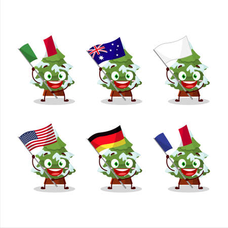 green snow christmas tree cartoon character bring the flags of various countriesのイラスト素材