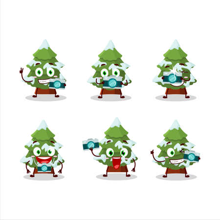 Photographer profession emoticon with green snow christmas tree cartoon characterのイラスト素材