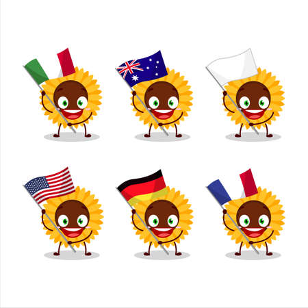 Sunflower cartoon character bring the flags of various countriesのイラスト素材