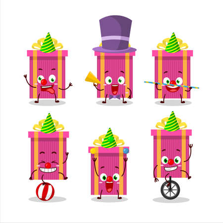 Cartoon character of pink christmas gift with various circus showsのイラスト素材