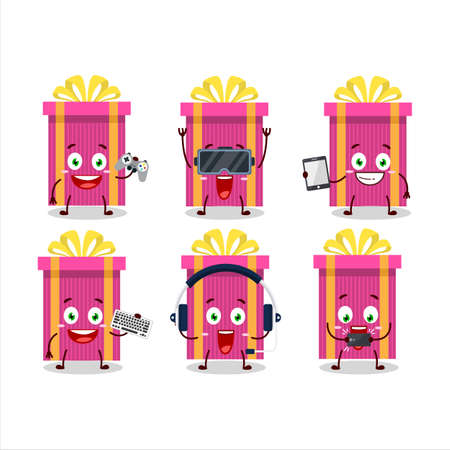 Pink christmas gift cartoon character are playing games with various cute emoticonsのイラスト素材