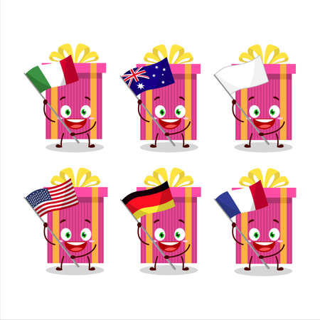 Pink christmas gift cartoon character bring the flags of various countriesのイラスト素材