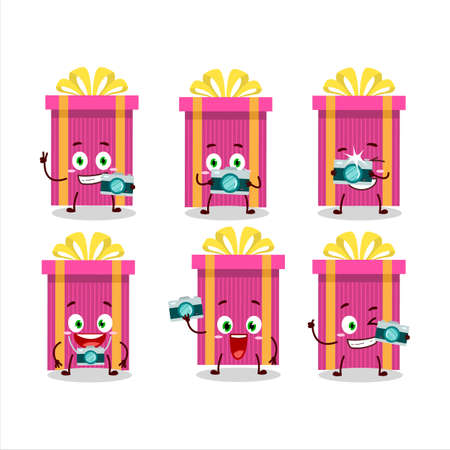 Photographer profession emoticon with pink christmas gift cartoon characterのイラスト素材