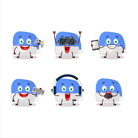 Blue santa hat cartoon character are playing games with various cute emoticonsのイラスト素材