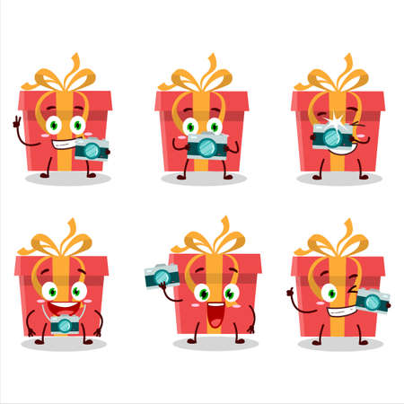 Photographer profession emoticon with red christmas gift cartoon characterのイラスト素材