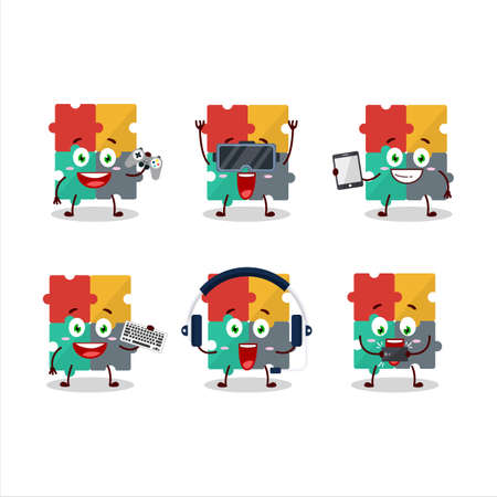 Puzzle cartoon character are playing games with various cute emoticonsのイラスト素材