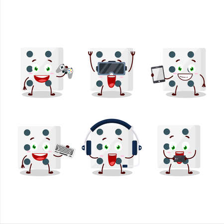 White dice cartoon character are playing games with various cute emoticonsのイラスト素材