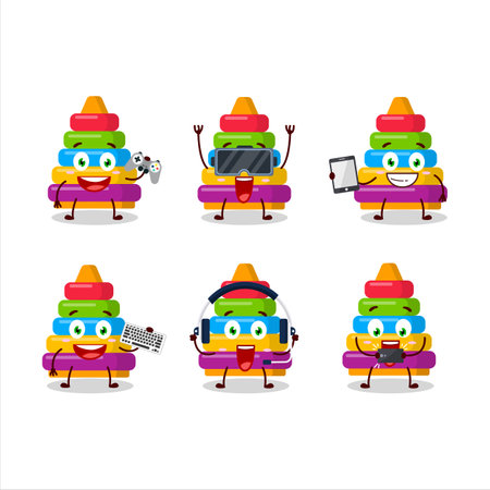 Pyramid block toys cartoon character are playing games with various cute emoticonsのイラスト素材