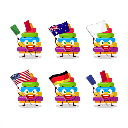 Pyramid block toys cartoon character bring the flags of various countriesのイラスト素材