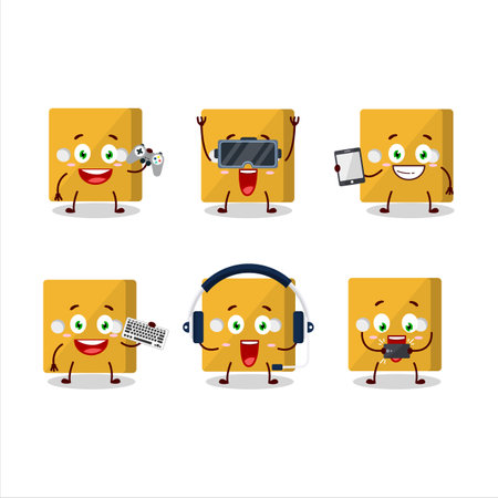 Yellow dice cartoon character are playing games with various cute emoticons.Vector illustrationのイラスト素材