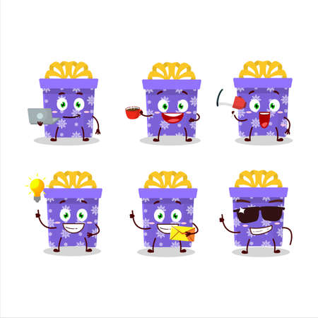 Purple christmas gift cartoon character with various types of business emoticonsのイラスト素材