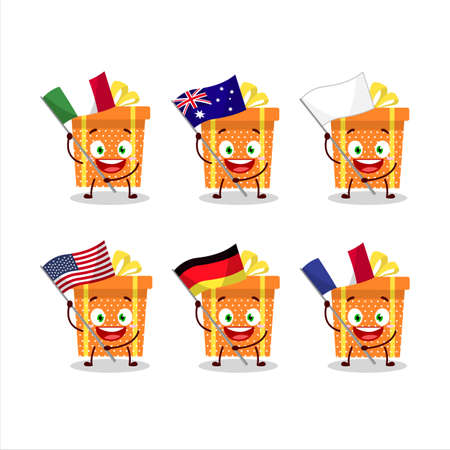 Orange christmas gift cartoon character bring the flags of various countriesのイラスト素材