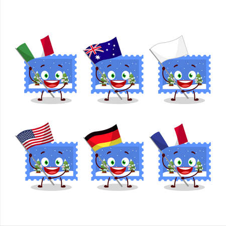 Landscape christmas ticket cartoon character bring the flags of various countriesのイラスト素材