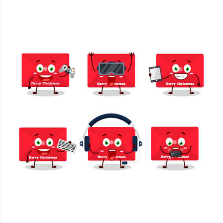 Red christmas envelopes cartoon character are playing games with various cute emoticonsのイラスト素材