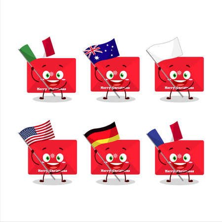 Red christmas envelopes cartoon character bring the flags of various countriesのイラスト素材