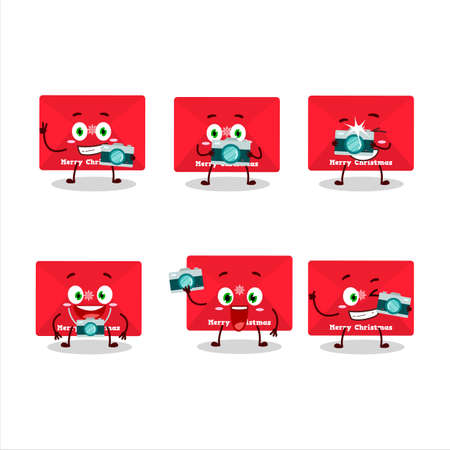 Photographer profession emoticon with red christmas envelopes cartoon character.Vector illustrationのイラスト素材