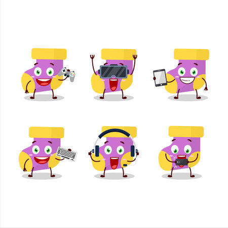Baby purple socks cartoon character are playing games with various cute emoticonsのイラスト素材