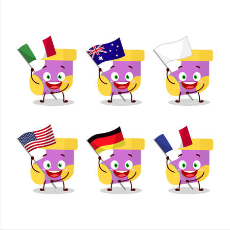 Baby purple socks cartoon character bring the flags of various countriesのイラスト素材