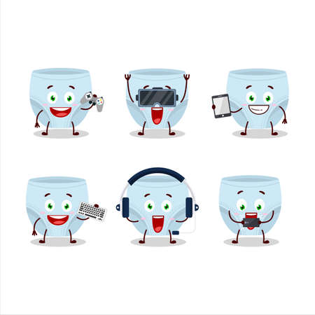 Blue baby diapers cartoon character are playing games with various cute emoticonsのイラスト素材