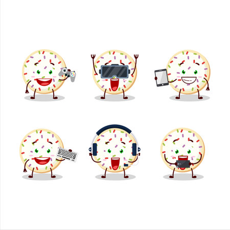 Sugar cookies cartoon character are playing games with various cute emoticonsのイラスト素材