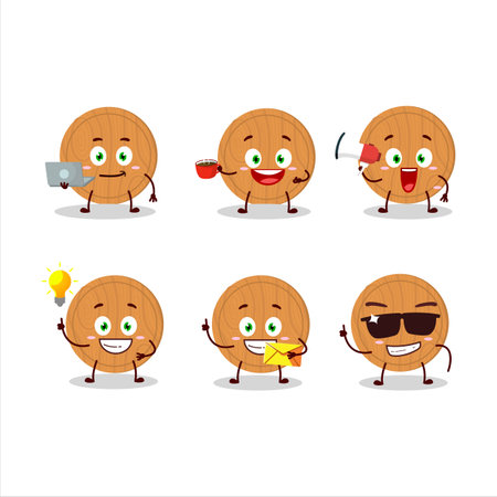 Circle wood cutting board cartoon character with various types of business emoticonsのイラスト素材