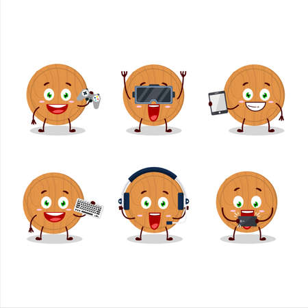 Circle wood cutting board cartoon character are playing games with various cute emoticonsのイラスト素材