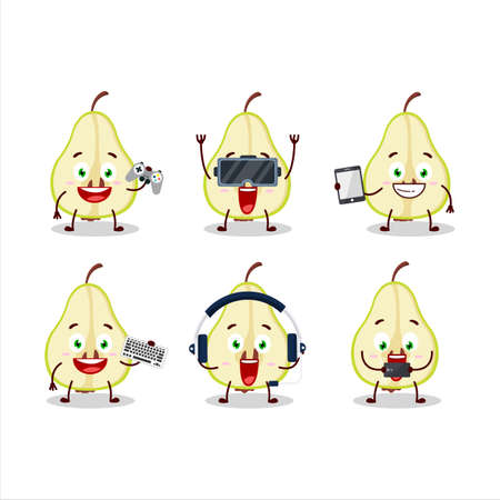 Slash of green pear cartoon character are playing games with various cute emoticonsのイラスト素材