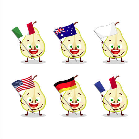 Slash of green pear cartoon character bring the flags of various countriesのイラスト素材