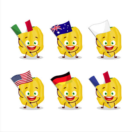 Yellow habanero cartoon character bring the flags of various countriesのイラスト素材