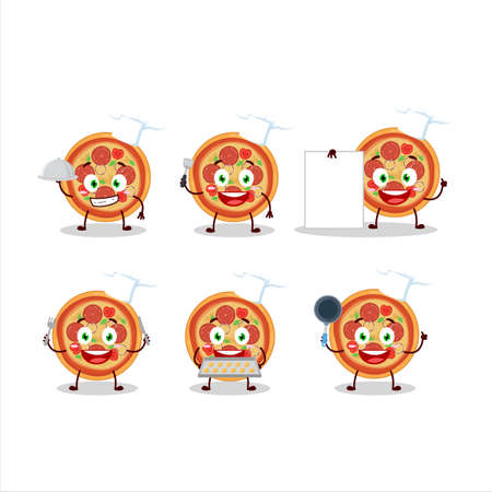 Cartoon character of beef pizza with various chef emoticonsのイラスト素材