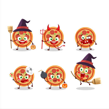 Halloween expression emoticons with cartoon character of beef pizzaのイラスト素材