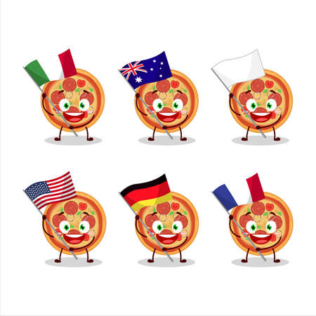 Beef pizza cartoon character bring the flags of various countriesのイラスト素材