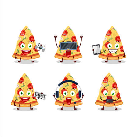 Slice of tomato cheese pizza cartoon character are playing games with various cute emoticonsのイラスト素材