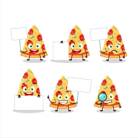 Slice of tomato cheese pizza cartoon character bring information boardのイラスト素材