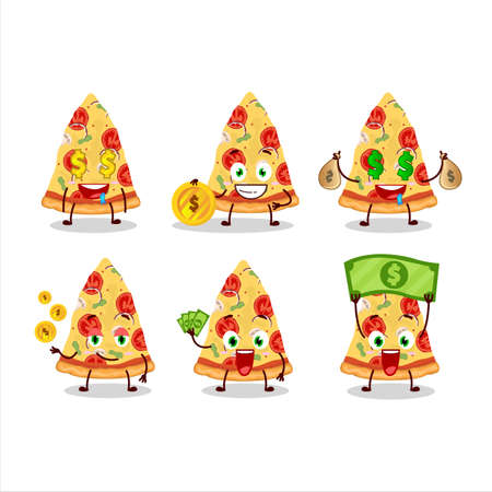 Slice of tomato cheese pizza cartoon character with cute emoticon bring moneyのイラスト素材