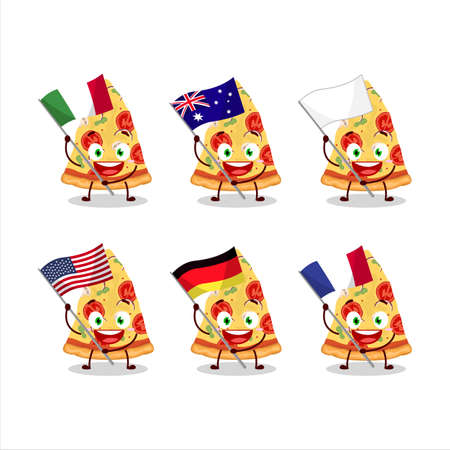 Slice of tomato cheese pizza cartoon character bring the flags of various countriesのイラスト素材