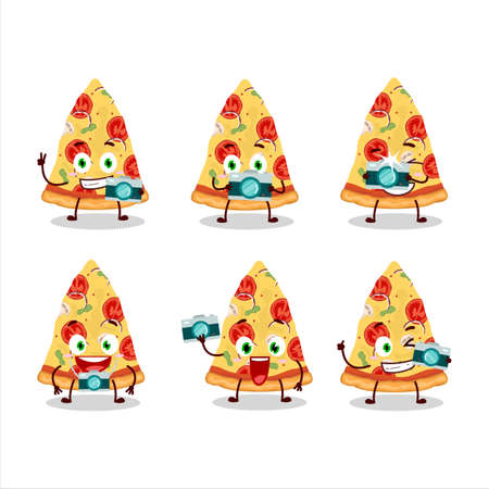 Photographer profession emoticon with slice of tomato cheese pizza cartoon characterのイラスト素材