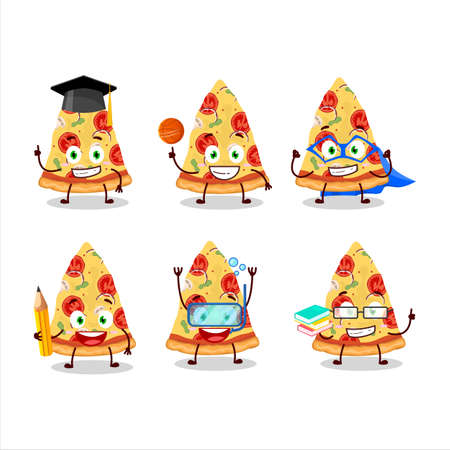 School student of slice of tomato cheese pizza cartoon character with various expressions. Vector illustrationのイラスト素材