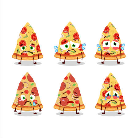 Slice of tomato cheese pizza cartoon character with sad expressionのイラスト素材