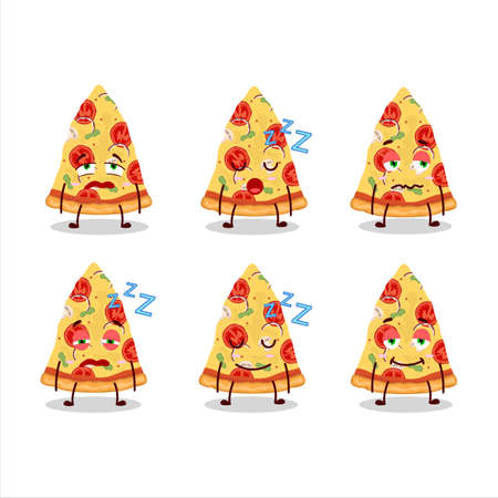 Cartoon character of slice of tomato cheese pizza with sleepy expressionのイラスト素材