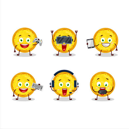 Italian cheese pizza cartoon character are playing games with various cute emoticonsのイラスト素材