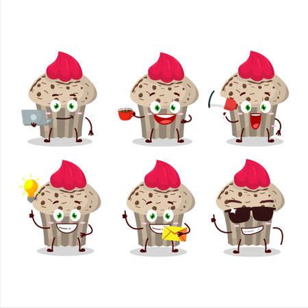 Birthday strawberry muffin cartoon character with various types of business emoticonsのイラスト素材