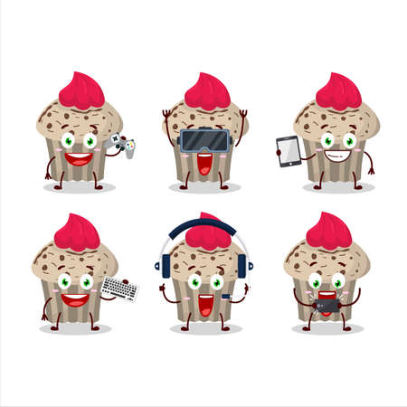 Birthday strawberry muffin cartoon character are playing games with various cute emoticonsのイラスト素材