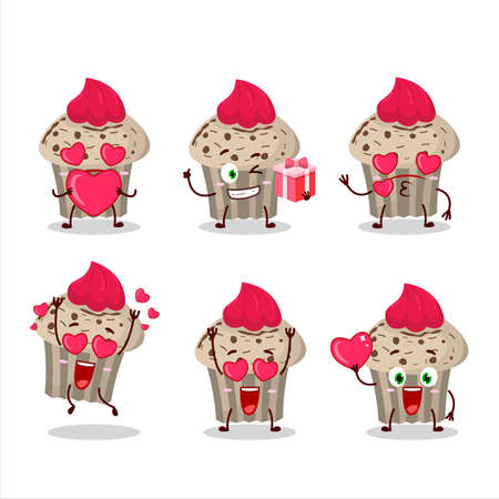 Birthday strawberry muffin cartoon character with love cute emoticonのイラスト素材