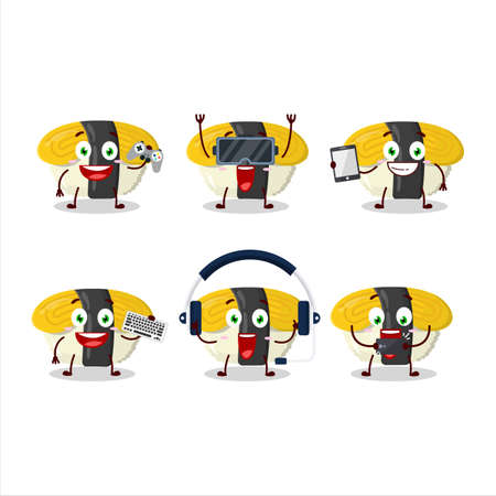 Tamago sushi cartoon character are playing games with various cute emoticonsのイラスト素材