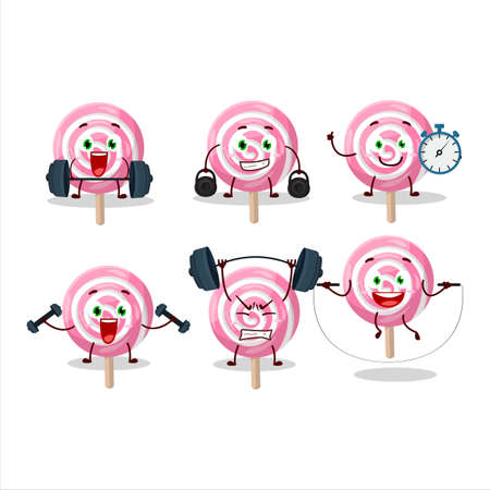 A healthy lolipop spiral cartoon style trying some tools on Fitness centerのイラスト素材
