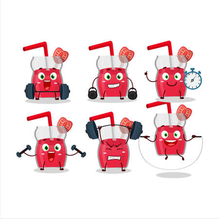 A healthy strawberry juice cartoon style trying some tools on Fitness centerのイラスト素材
