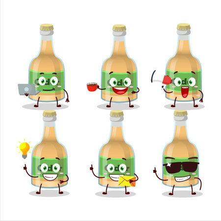 Cider bottle cartoon character with various types of business emoticons. Vector illustrationのイラスト素材